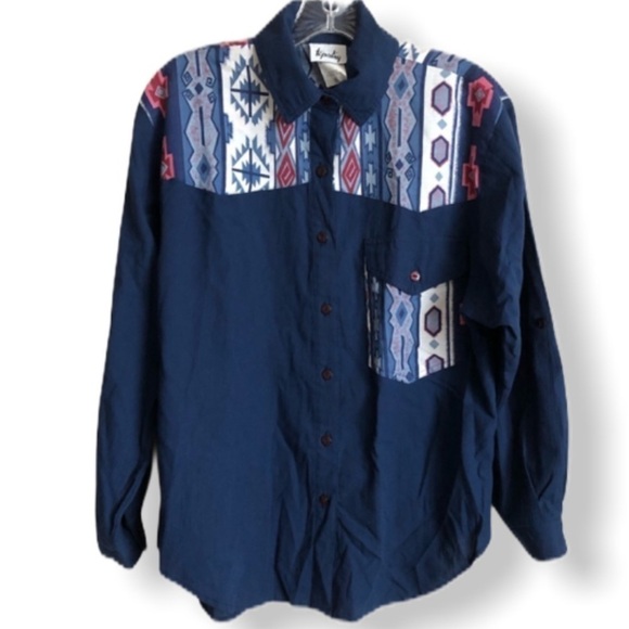 Vintage Tapestry Blue Aztec Print  Button Down Top - Picture 1 of 7